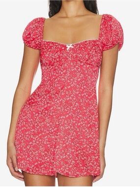 For Love & Lemons Raspberry Floral Square-Neck Puff Sleeve Mini Dress